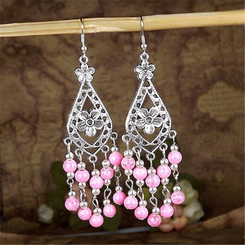 Pink glass tassel dangle Tibetan silver earrings